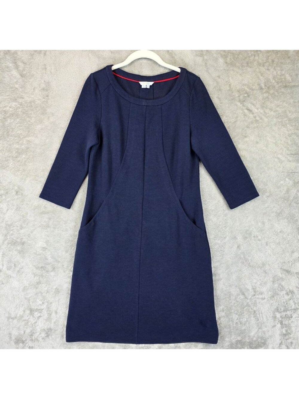 Boden Dress Womens 8 Blue Knit Round Neck 3/4 Sleeve Shift Pockets Knee Length